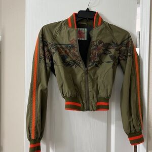 Free People Olive and Red Floral Bomber Jacket